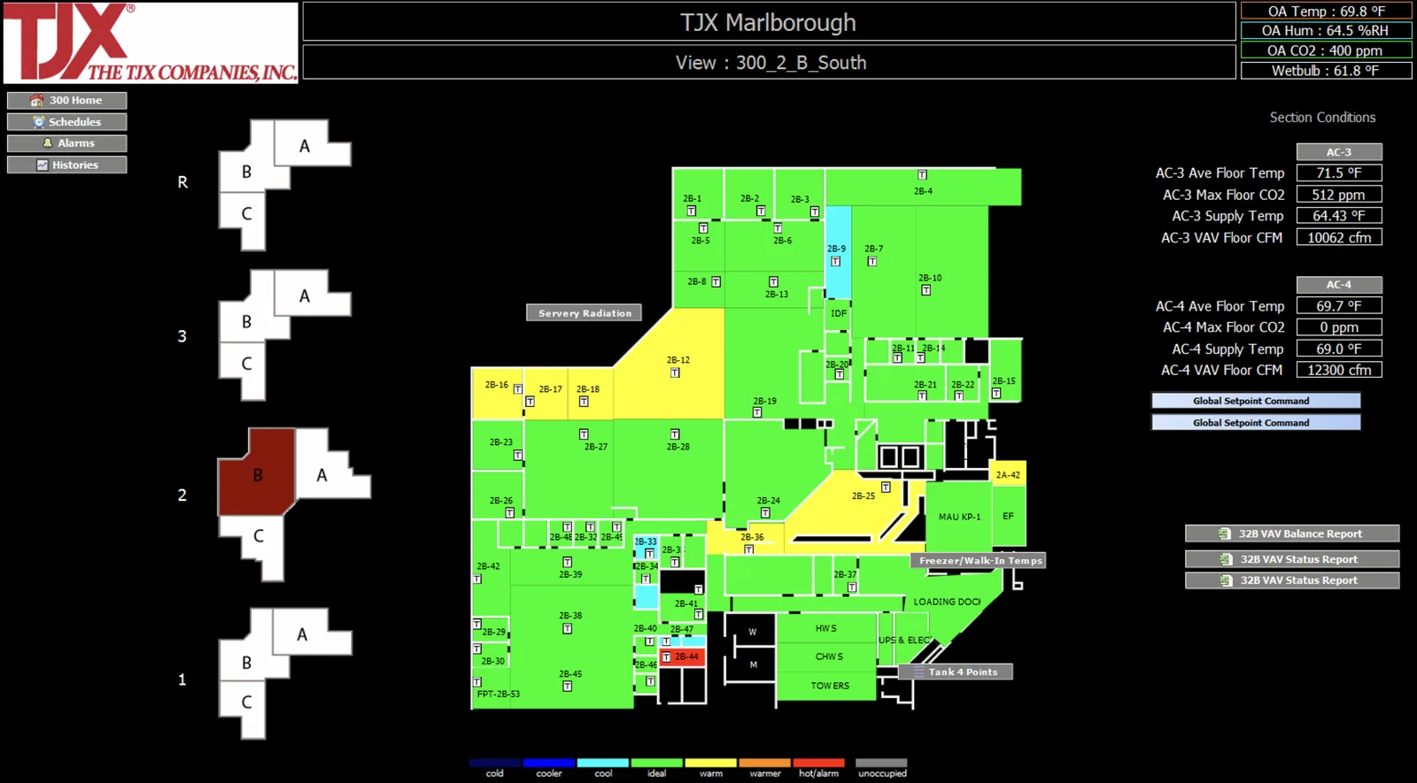 A live FMC Energy Management System operator graphic: a thermographic floor plan with every zone color-coded by comfort, temperature, and airflow, readable from any browser