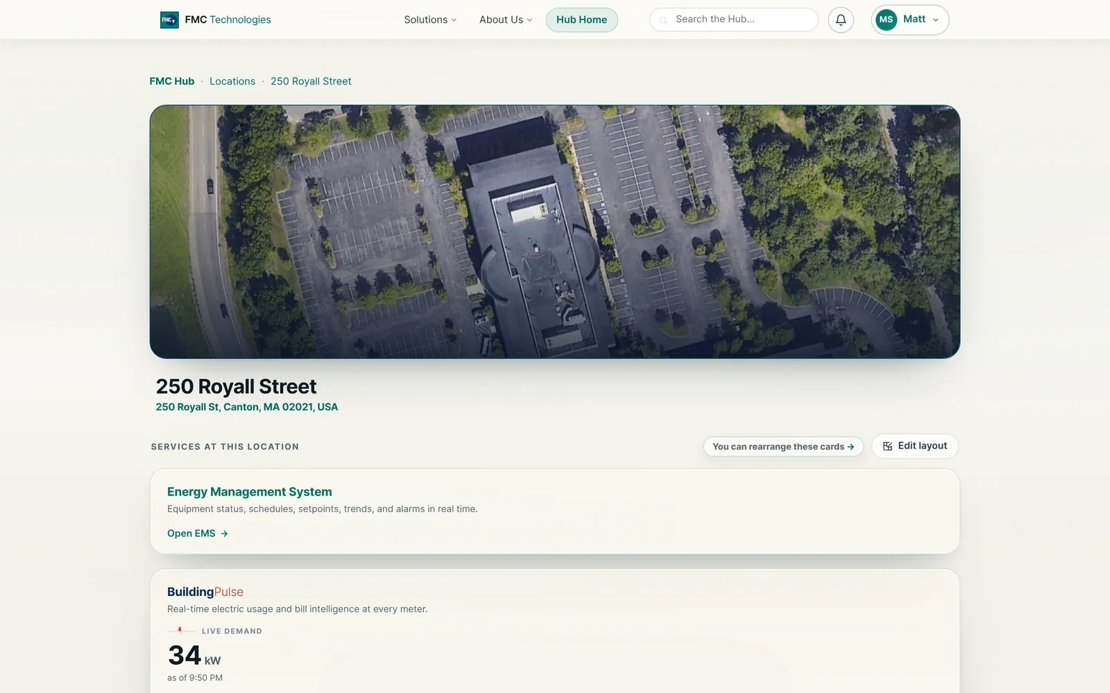 FMC Customer Hub on desktop: a location page with live building data